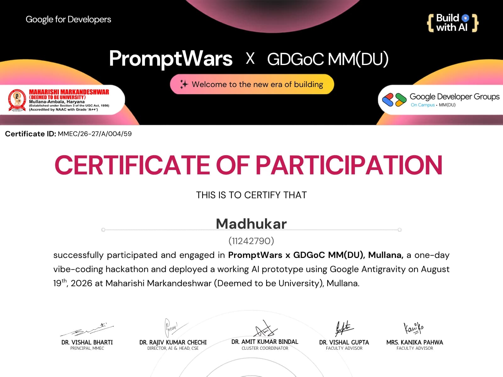 Kavach Hackathon Certificate ā Certificate of Participation & Working AI Prototype Deployment